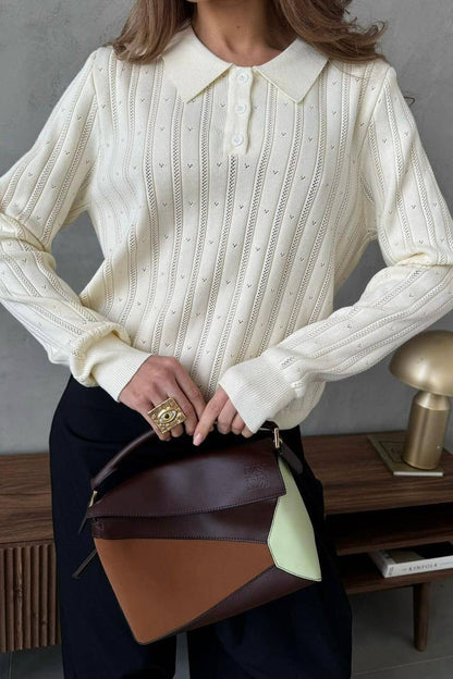 Blusa holgada de manga larga con cuello polo jacquard