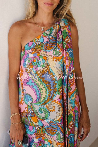 Rainbow Breeze Satin Unique Print Bow One Shoulder Loose Maxi Dress
