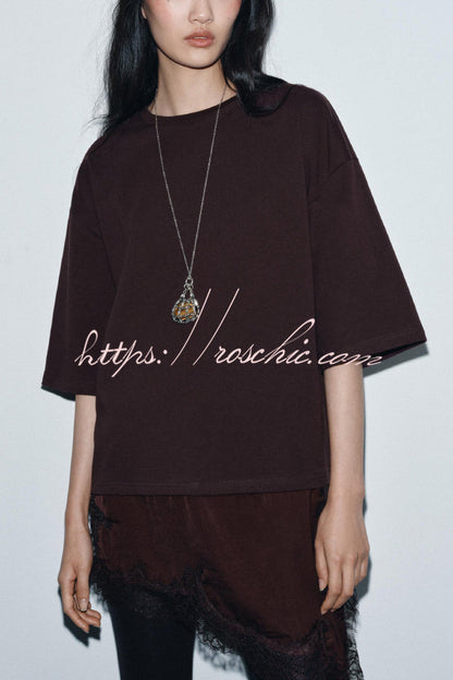 Stylish Round Neck Short-sleeved Patchwork Lace Hem Loose T-shirt