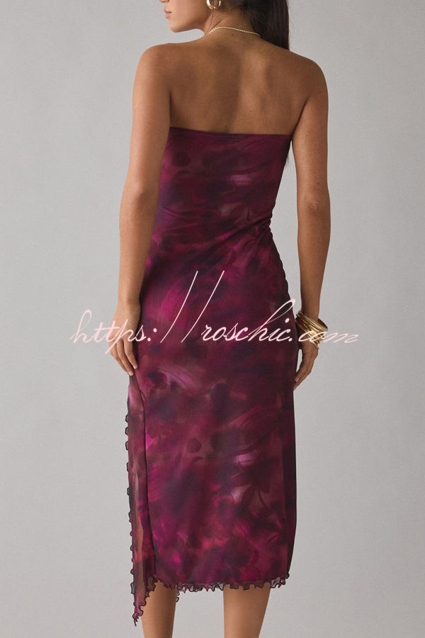 Mesh Tie-dye Slit Strapless Maxi Dress