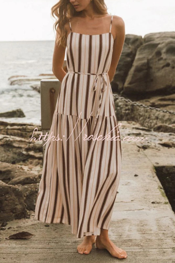 Striped Printed Spaghetti Strap Sleeveless Tie-up Casual Vacation Maxi Dress