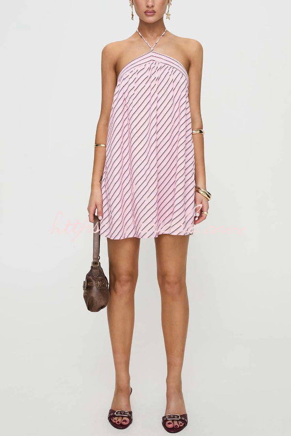 Striped Print Sleeveless Halter Neck Loose Vacation Mini Dress