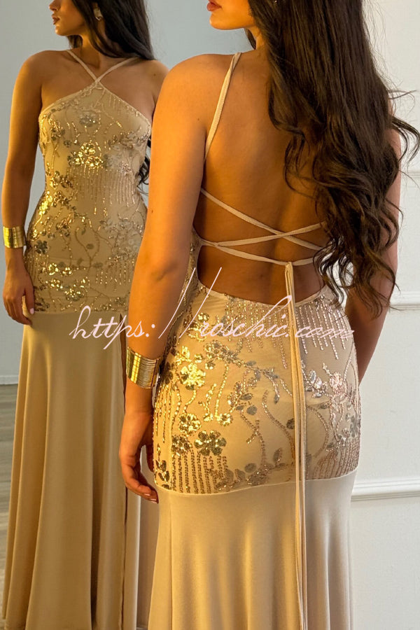 Fashionable Sequined Halter Neck Elegant Slim-fit Slit Maxi Dress