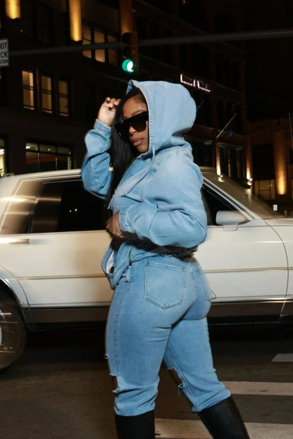 Street Style Washed Denim Hoodie