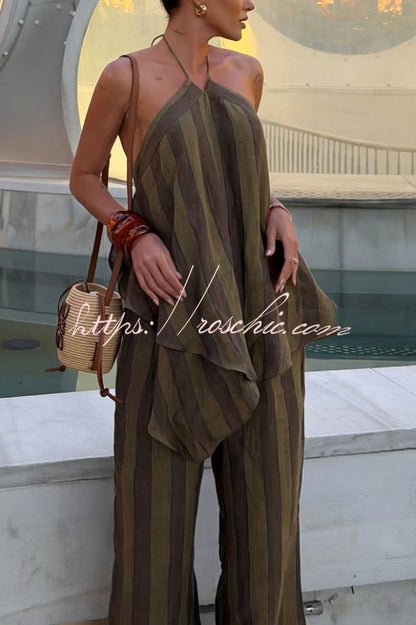 Striped Printed Halter Neck Sleeveless Asymmetrical Top and Elastic Waist Pocket Casual Wide-leg Pants Set