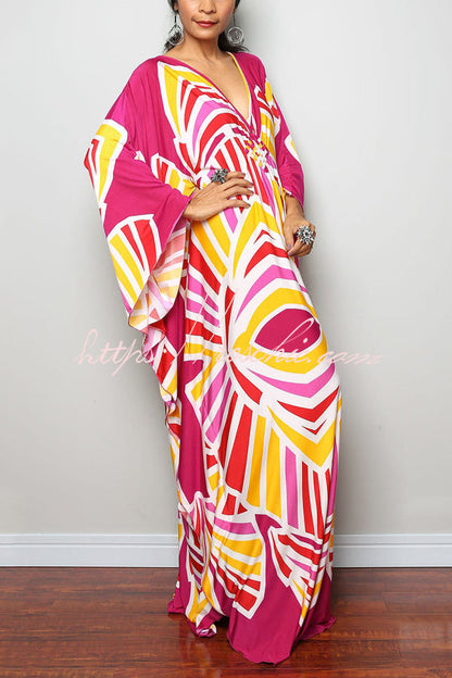 Unique Print Loose V-Neck Batwing Sleeve Casual Maxi Dress