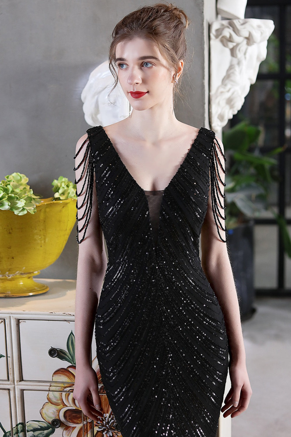 Elegante vestido de fiesta de sirena con lentejuelas
