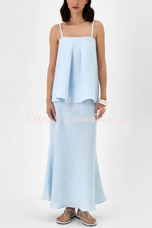 Linen Blend Loose Square Neck Camisole Top and Elegant Resort Maxi Skirt Set