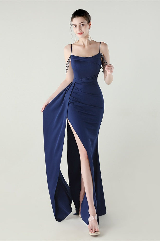 Vestido de fiesta de sirena de satén con tirantes finos