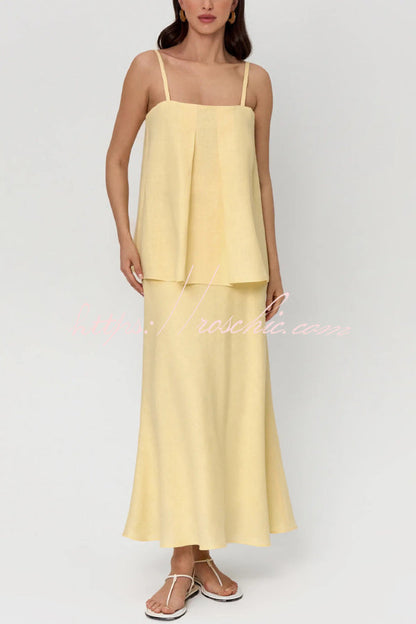 Linen Blend Loose Square Neck Camisole Top and Elegant Resort Maxi Skirt Set
