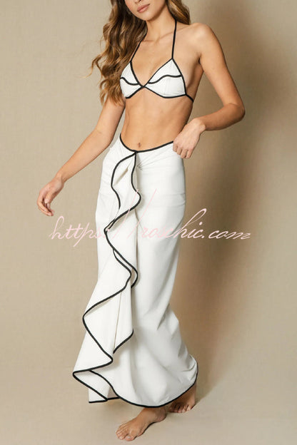 Black and White Color-blocked Two-piece Stretch Bikini Swimsuit and Elegant Ruffled Maxi Skirt Set