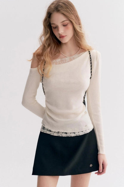 Lace Trim One Shoulder Slim  Long Sleeve Blouse