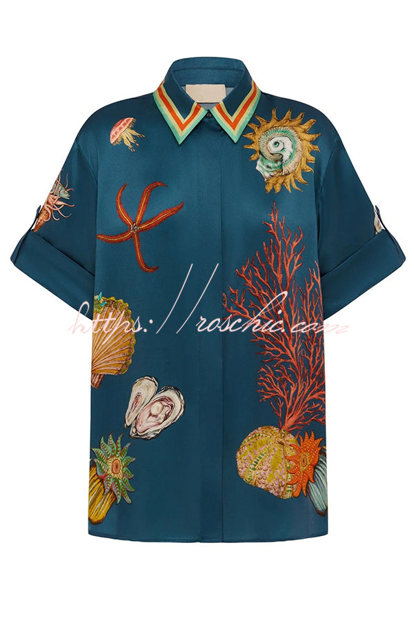 Linen Blend Unique Print Lapel Short Sleeve Shirt and Elastic Waist Loose Pocket Wide Leg Pants Set