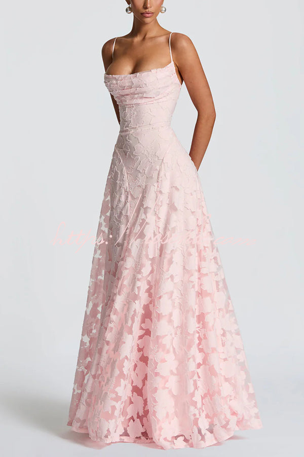 Francis Custom Floral Burnout Fabric Cowl Neck Back Lace-up Maxi Dress