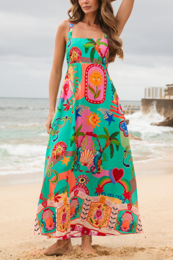 Unique Print Square Neck Spaghetti Strap Back Pleated Casual Maxi Dress