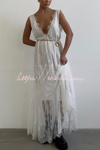 Fashionable Sheer Lace V-neck Backless Elegant Maxi Dress
