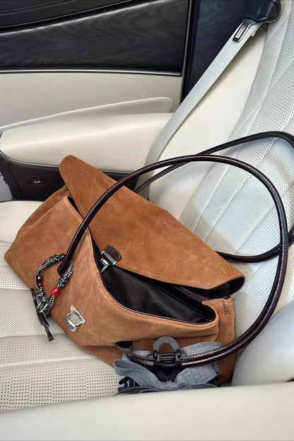 Bolso Tote Elegante Chic de Ante Liso con Cierre Metálico