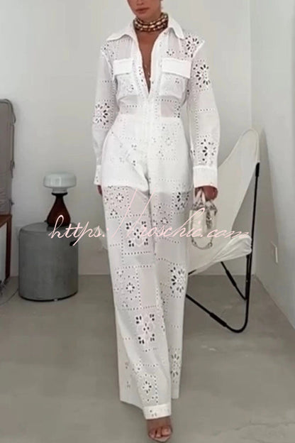 Vivi Embroidered Lace Cutout Long Sleeve Pocket Elastic Waist Loose Shirt Jumpsuit