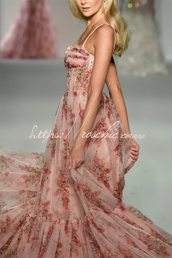 Danah Tulle Floral Print Corset Sweetheart Neck A-line Gown Maxi Dress