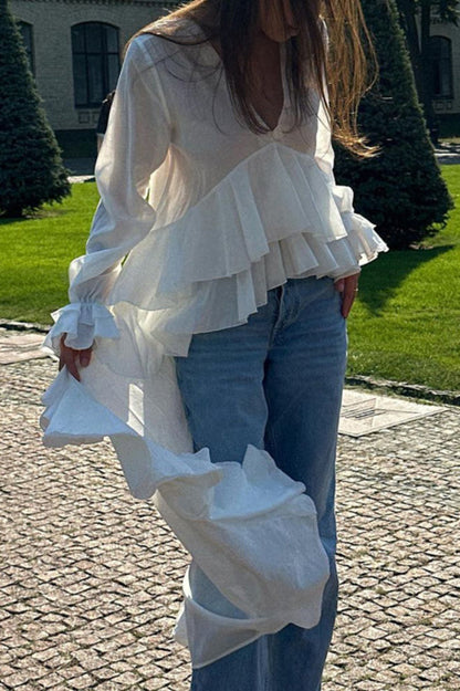 Solid Color V-neck Long-sleeved Ruffled Hem Long Shirt Top