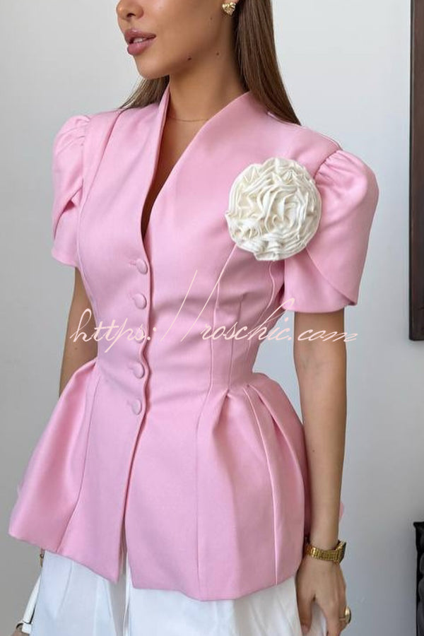 Stylish Floral-decorated V-neck Short-sleeved Button-down Blazer