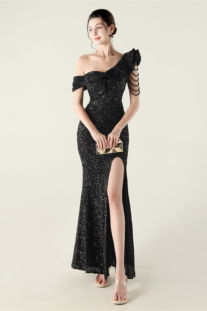 Vestido de fiesta formal con volante y un solo hombro drapeado