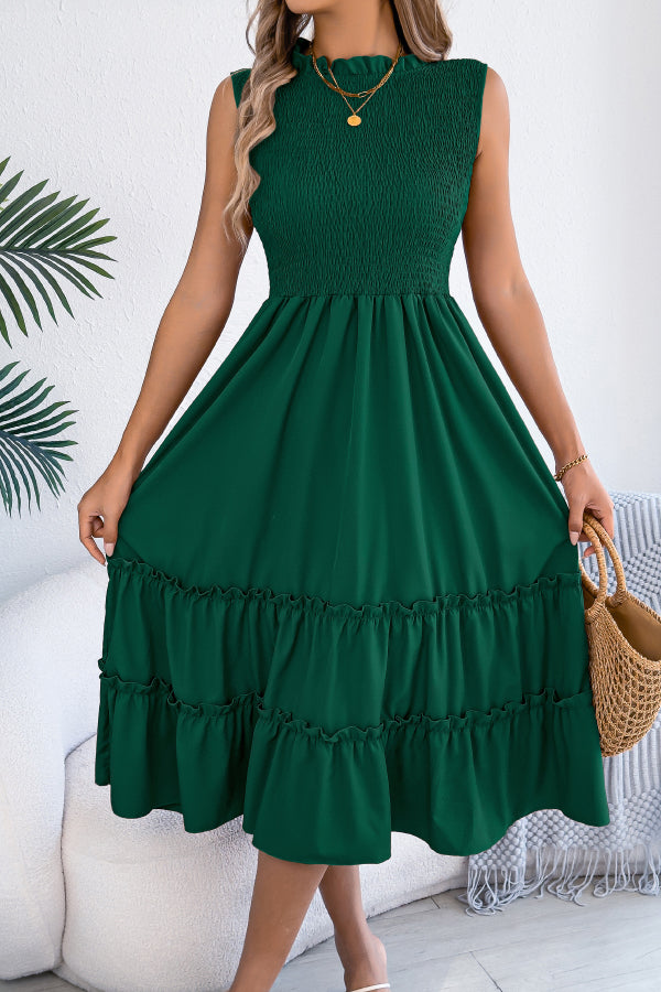 Solid Color Sleeveless Tucked Patchwork Casual Midi Dress