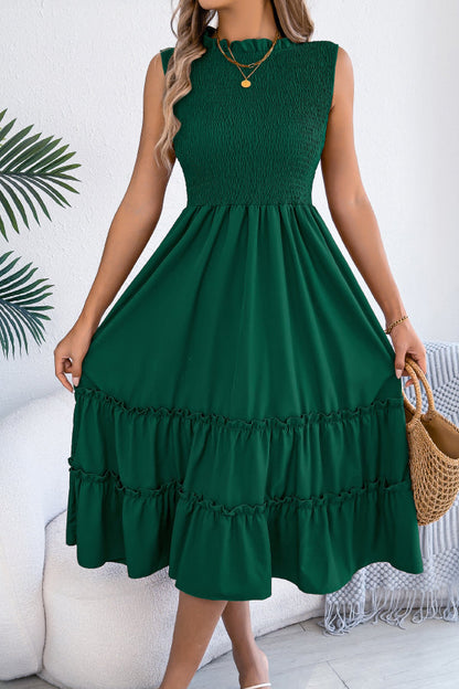 Solid Color Sleeveless Tucked Patchwork Casual Midi Dress
