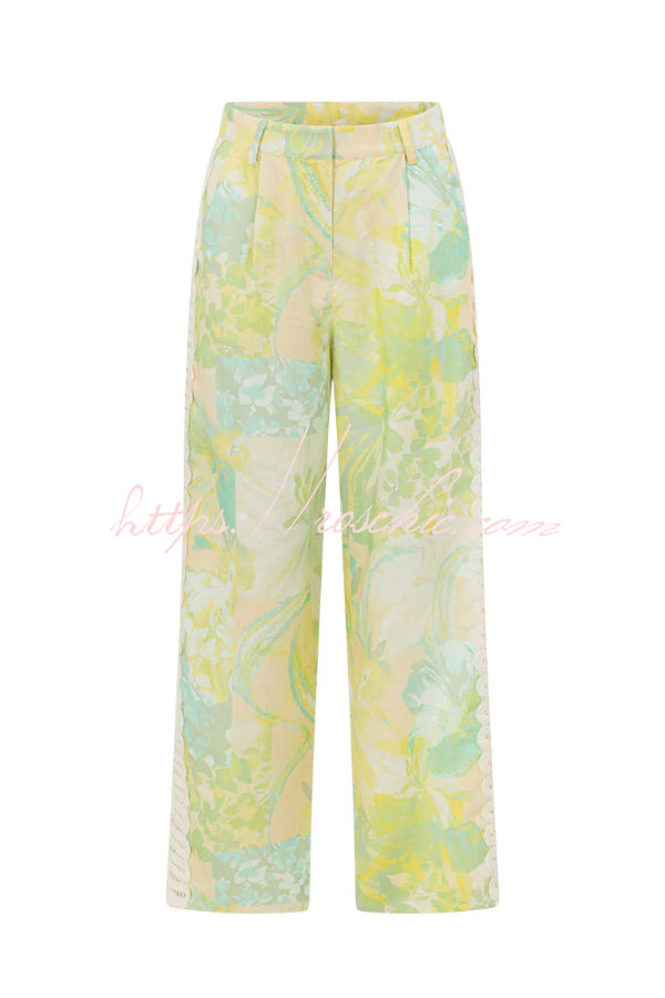 Summer Elegant Printed Curved Crochet Trim Camisole Top and Elastic Waist Casual Pocket Wide-leg Pants Set