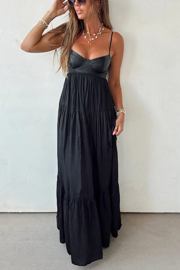 Stylish Leather Patchwork Suspender Casual Vacation Style Maxi Dresses