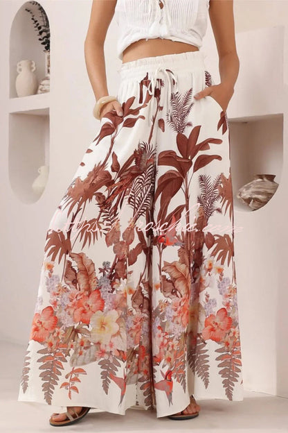 Leaf Print Casual Elastic Waist Pocket Loose Wide-leg Pants