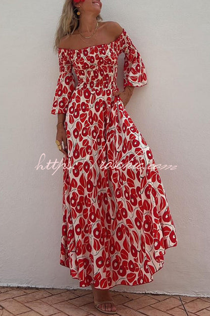 Close To The Vacation Floral Print Smocked Off Shoulder Pocketed Maxi Dress