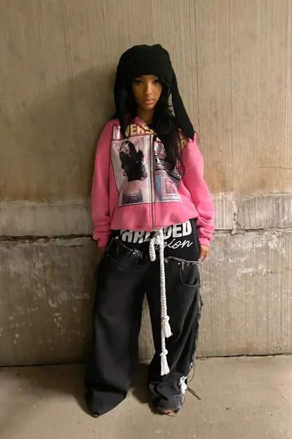 Graphic Zip-Up Street Hoodie