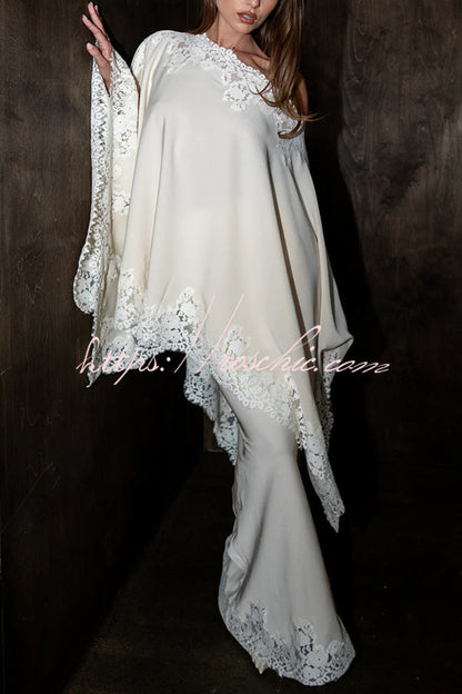 Like A Swan Satin Lace Trim High Rise Elastic Waist Drape Maxi Skirt