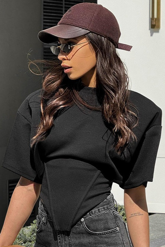 Camiseta Chic Lisa de Manga Tres Cuartos con Lazos en la Cintura y Hombros Anchos