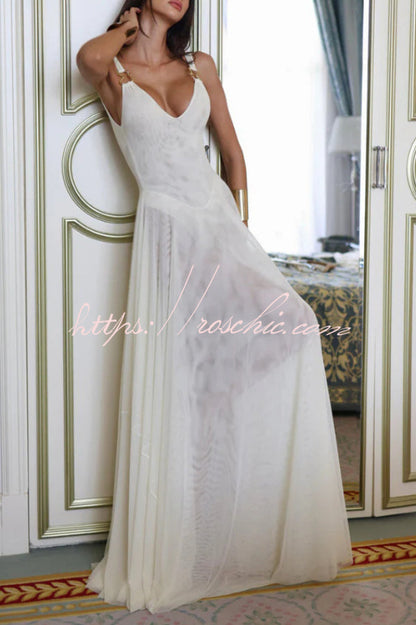 Solid Color V-neck Sleeveless Slim-fit Elegant Mesh Maxi Dress