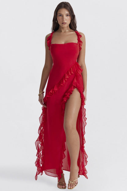 Square Neck Ruffle Slit Party Dress