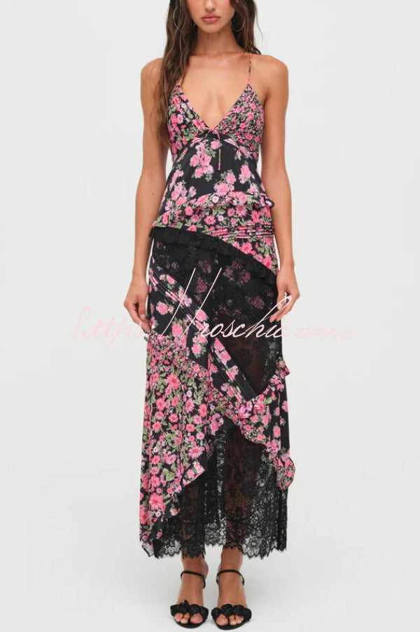 Fashionable Floral Print Lace Patchwork Hollow-out Slim Fit Vacation Ruffle Maxi Dress