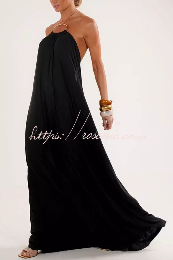 Ocean Goddess Metal Circular Chain Halter Backless Vacation A-line Maxi Dress
