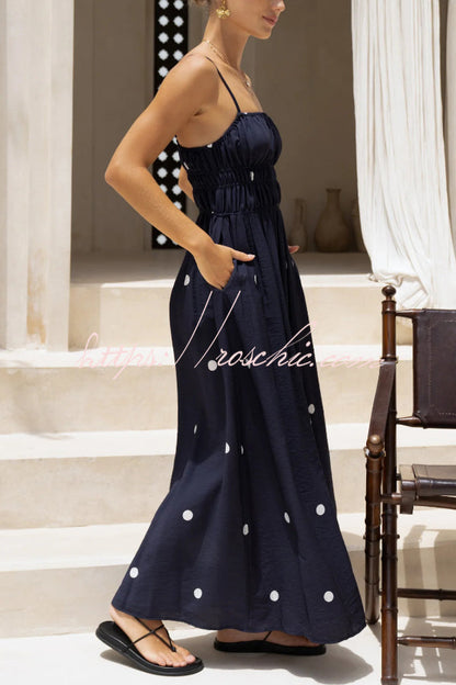 Polka Dot Print Spaghetti Strap Pleated Waist Casual Pocket Maxi Dress