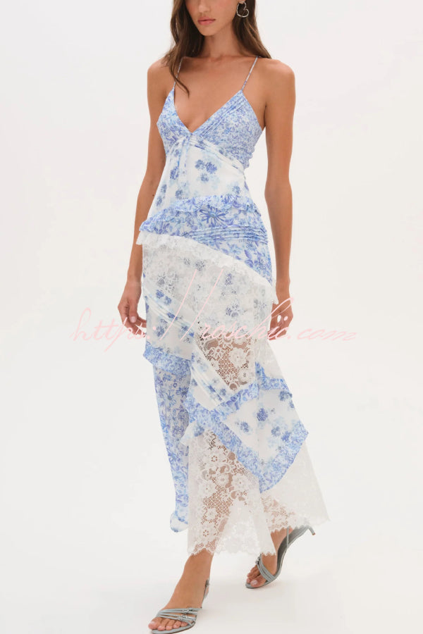 Fashionable Floral Print Lace Patchwork Hollow-out Slim Fit Vacation Ruffle Maxi Dress