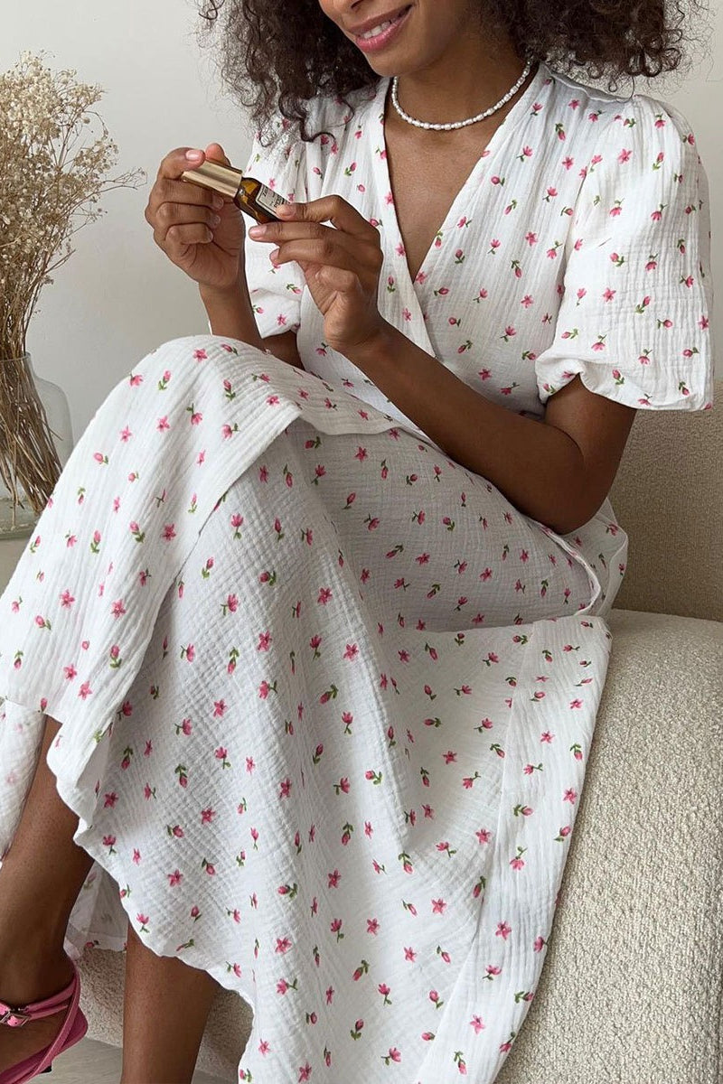 Vestido midi de algodón estampado con mangas abullonadas