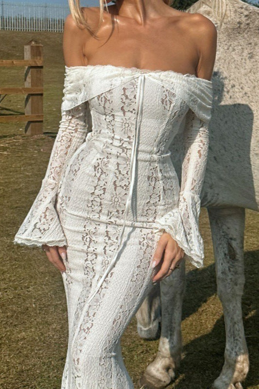 Chic  Lace Bell Sleeve Tube Top Slim High Waist Boho Dress