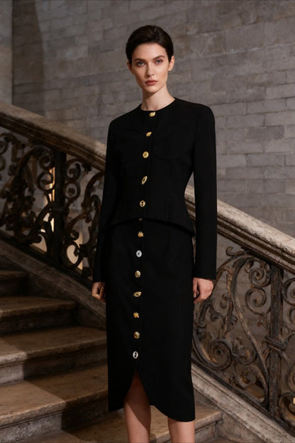 Elegant Vintage Solid Waist Cinching Slim Two Piece Set
