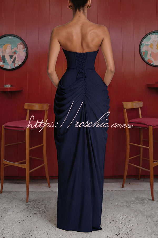 Cyra Back Lace-up Asymmetrical Pleats Strapless Slit Maxi Dress