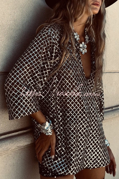 All about Glam Collar Sequin V-neck Half Sleeve Loose Top