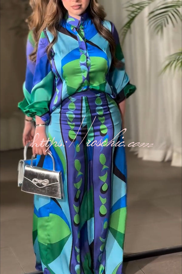 Ellie Satin Unique Print Balloon Sleeve High Low Shirt and Elastic Waist Pocket Loose Pants Set
