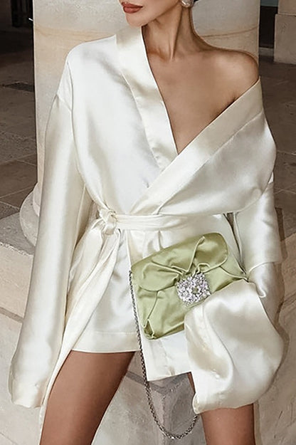 Elegant Satin Long Sleeve V Neck Tie  Cocktail Dress