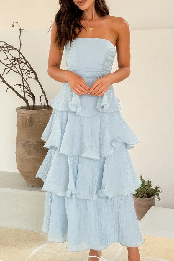 Vestido midi escalonado con volantes, sin tirantes, sin espalda, a la moda