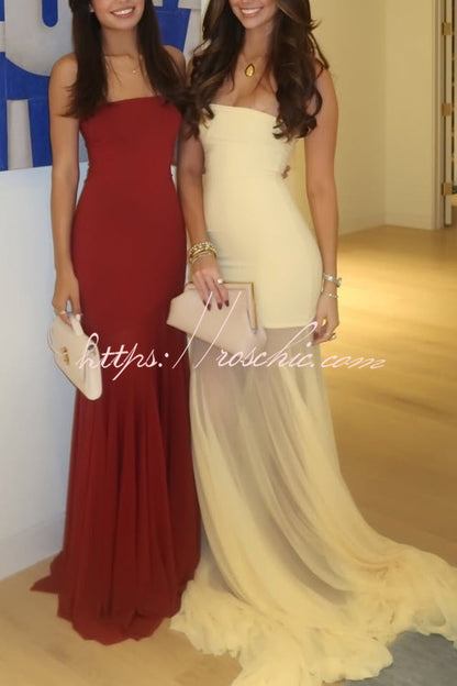 Solid Color Sleeveless Off-shoulder Mesh-paneled Fitted Maxi Dress